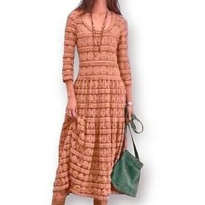 Sundance Lace Crochet Tiered Maxi Dress Tan Scoop Neck 3/4 Sleeve L